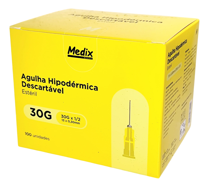 Agulha 13x0,30mm Hipodérmica Descartável Caixa C/ 100 Unidades - Medix